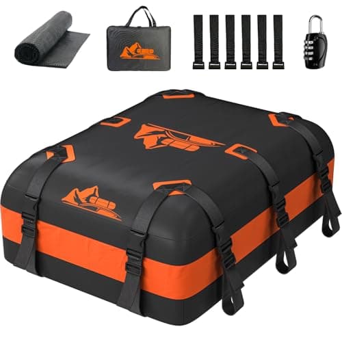 BATSUVCER Car Rooftop Cargo Carrier Bag 20 Cubic Feet, 100% Waterproof Heavy Duty Car Roof Bag for All Vehicle with/Without Racks - Anti-Slip Mat, 6 Door Hooks, Storage Bags, 5CM Straps(Orange)
