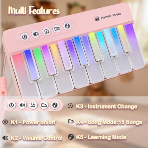 Kids Mini Piano Toy - Portable 15-Key Keyboard with Rainbow Lights, Toddlers Musical Instrument Learning Toys Birthday Gift for Ages 2-6 Boys & Girls (Pink) - Thumbnail 3