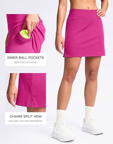 SANTINY 16" Skorts for Women with 2 Pockets High Waist & Built-in Shorts Pickleball Golf Skort Athletic Tennis Skirt (Hot Pink_S) - Thumbnail 3