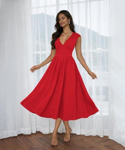 ABKY Womens Midi Dresses Deep V Neck Cap Sleeve Back- Tie A-Line Swing Dress with Pocket Party Foraml Date Night Prom Outfits Red S - Thumbnail 6