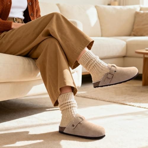 KIDMI Women's Fur Lined Suede Clogs Fuzzy Cork Footbed Mules Slip On Winter Potato Shoes, Taupe 44 (Size 12) - Thumbnail 2