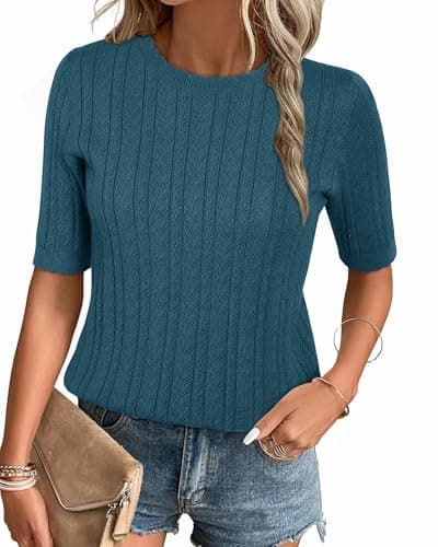 Arach&Cloz Womens Summer Sweater 2026 Spring Tops Trendy Dressy Business Short Sleeve Casual Blouses Outfits Crew Neck Fashion Clothes Knit Pullover Cute Shirt Plus Size Vacation Resort Wear Blue - Image 1