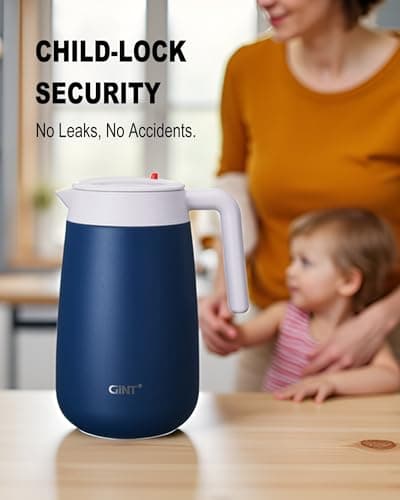 GiNT 54Oz/1.6L Thermal Coffee Carafe Wide Mouth - Double Wall Vacuum Insulated Stainless Steel Beverage Dispenser with Safety Lock | 12H Hot & 24H Cold Retention (Blue) - Thumbnail 3