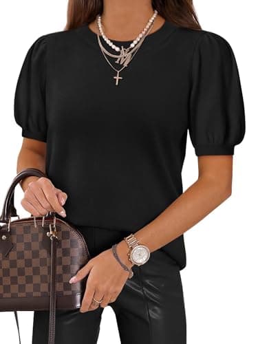 ATHMILE Women's Puff Short Sleeve Sweater Tops 2026 Spring Summer Trendy Crew Neck Cute Casual T Shirts Blouses Black - Image 1