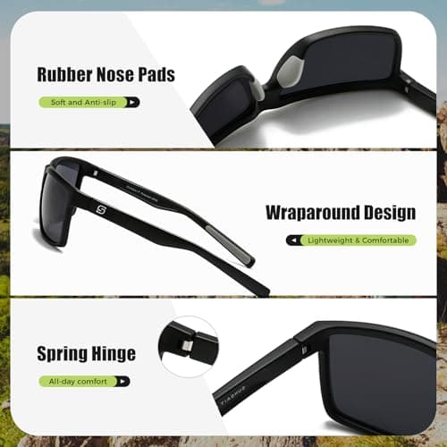 SUNGAIT Square Polarized Sunglasses Men Lightweight Sports Shades Rectangle Wraparound Style for Fishing Golf Running (Black/Grey) - Thumbnail 4