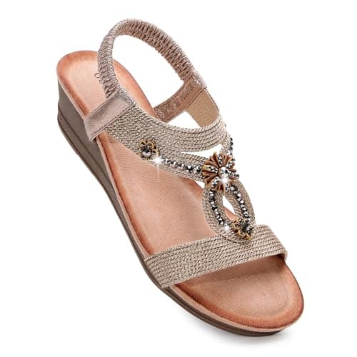 Goldnut Champagne Wedge Sandals for Women Dressy, Woman's Sandal Comfortable Champagne Low Wedges Heels Ankle Elastic Strap Sandles with Flower Rhinestones Size 10 - Image 1