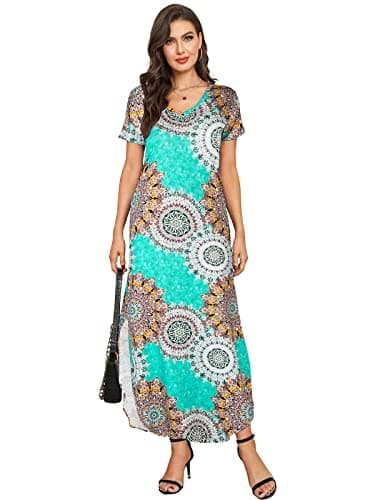 Arolina Women Summer Maxi Dress Short Sleeve V Neck Casual Loose Long Split Dresses Beach Vacation Sundress with Pockets - Thumbnail 2