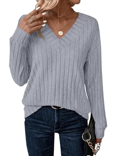 JUSTFASHIONNOW Long Sleeve Shirts for Women V Neck Cute Soft Tunic Tops Lightweight Sweaters Casual Teacher Outfits Fall Fashion 2025(Sky Blue,Large) - Image 1