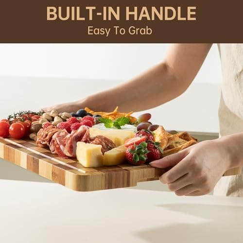 Bamboo Cutting Boards for Kitchen, End Grain Wood Cutting Board with Juice Grooves & Handles, Charcuterie Checkered Chopping Board Thick Butcher Block Serving Tray with Gift Box, 16.4"×11.5"× 1" - Thumbnail 4