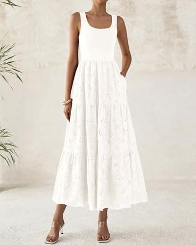 BTFBM Women Summer Eyelet Midi Dresses Casual Spring 2026 Sleeveless A Line Flowy Vacation Beach Wedding Guest Sun Dress(White, Medium) - Thumbnail 3