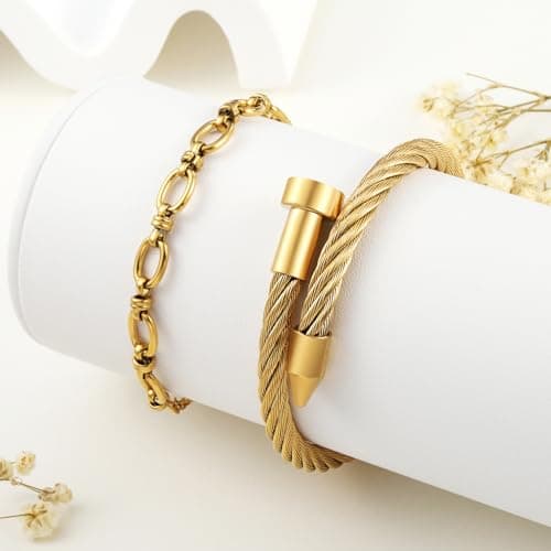 LCTrusttmor Gahna 18K Gold Plated Bracelets Set for Women, Stackable Bangle Bracelet with Adjustable Wristband Chain Set Trendy Jewelry Gifts - Thumbnail 6