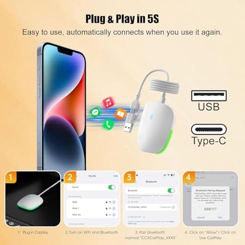 KEROLFFU 2in1 Wireless Carplay Adapter for iPhone Android,Plug n Play Easy Setup Automatic Reconnect,Convert Wired to Wireless Bluetooth Carplay Adapter Dongle (USB A/C) 02w - Thumbnail 4