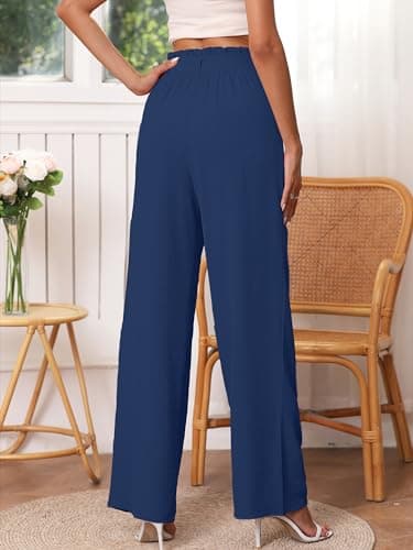 Heymoments Women's Wide Leg Pants with Pockets Dark Blue Small Lightweight High Waisted Tie Knot Paperbag Dressy Palazzo Loose Paper Bag Comfy Business Casual Work Flowy Trousers - Thumbnail 3