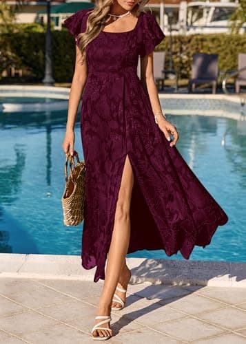 KIRUNDO Cocktail Dresses for Women Elegant Wedding Guest Summer Formal Maxi Lace Floral Slit Prom Party Bridesmaid Dress (Burgundy, Medium) - Thumbnail 5