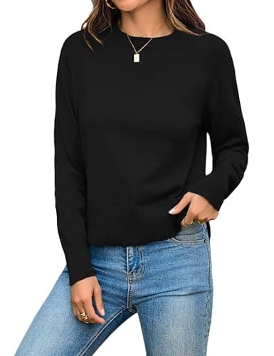 Totatuit Womens Black Cropped Sweater Trendy Fall Winter Ribbed Knit Long Sleeve Jumper Casual Crew Neck Pullover Sweaters Holiday Christmas Large - Image 1