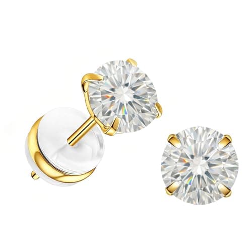 6mm Moissanite Stud Earrings in 14K Gold Plated Titanium | HypoAllergenic Earrings for Women & Men (Gold 6mm) - Image 1