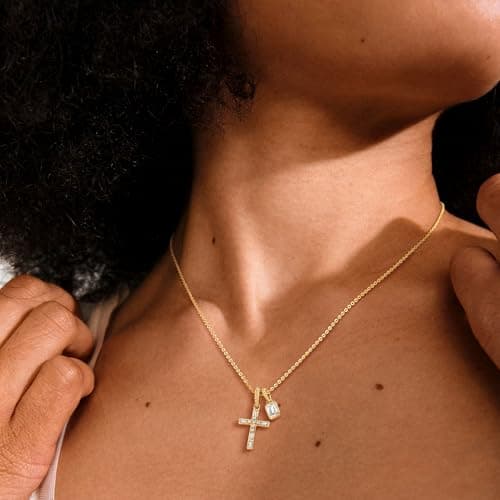 Fettero Gold Necklace for Women - Dainty Cross Necklace Detachable Tiny CZ Cross Pendant Non-Tarnish Faith Gold Necklace for Women Trendy Christian Religious Jewelry Gift - Thumbnail 2