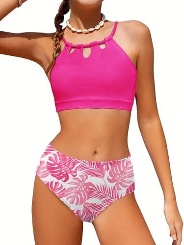 AMAWMW Girls Swimsuit Two Piece Bathing Suit Adjustable Strap Cutout Bikini Sets Teen Swimwear with Chest Pad Rosered 15-16Y - Image 1