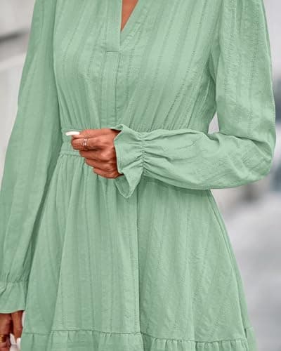BTFBM Mini Dresses for Women 2026 Casual Lightweight Long Sleeve V Neck A Line Elastic Waist Party Holiday Dress(Sage Green, XX-Large) - Thumbnail 6