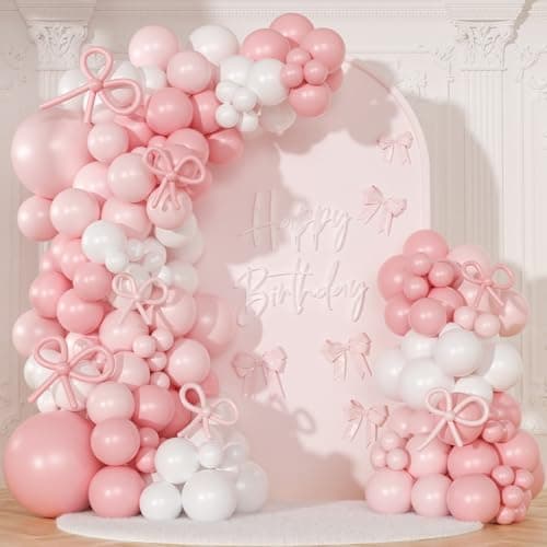 Coquette Birthday Decorations 145 Pcs Pink and White Balloon Garland Arch Kit Include Light Pink White Bow Balloons Different Size for Baby Shower Gender Reavel Wedding Party Decorations - Image 1