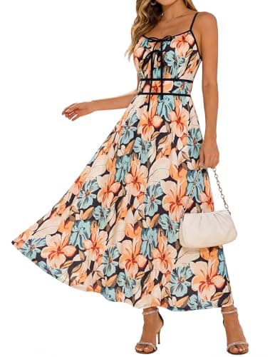 GRACE KARIN 2026 Women's Summer Maxi Dresses, Tie Front Floral Boho Dress, Spaghetti Strap Sundress with Pockets, Black Orange L - Image 1
