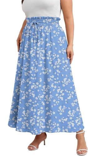 Xpenyo Womens Plus Size Skirts Summer High Waisted A-Line Casual Work Tie Knot Long Skirts with Pockets,Little Blue Flower,3XL - Image 1