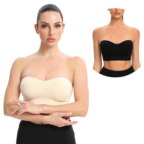 Gnowann Strapless Bras for Women Non-Slip Silicone Bandeau Bralette Seamless Wireless Strapless Bra Padded Tube Top Black+Beige L - Image 1