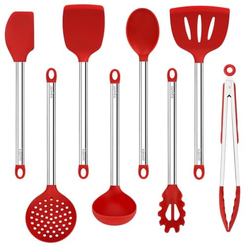 8 PCS Silicone Kitchen Utensils, Vayvnt Large Cooking Utensils Set for Nonstick Cookware, Silicone Spatula Set Includes Spoons and Tongs, Kitchen Essentials for Cooking & Baking, Dishwasher Safe, Red - Image 1