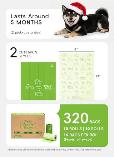 Pikoto Dog Poop Bags Rolls, 320 Count (20 Refills) - 60% Recycled Plastic Unscented - Leak Proof, Extra Thick Waste Bag with Easy-Peel Sticker (Green) - Thumbnail 2