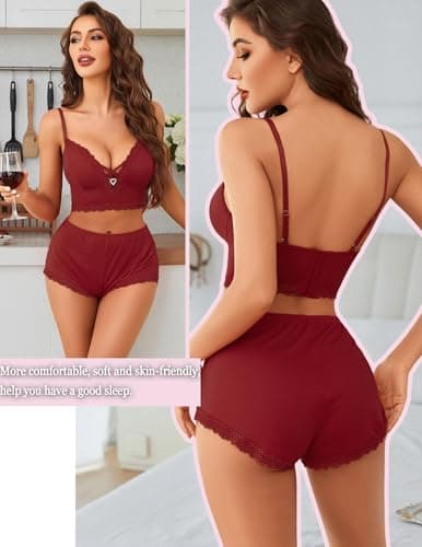 Avidlove Plus Size Lounge Sets for Women Cute Pajama Sets 2 Piece Shorts Women Cami Wine Red XXL - Thumbnail 5