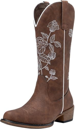 Jeossy Women's Cognac Cowboy Mid Calf Boots, Cute Boot with Embroidery Flower, Low Heel Western Cowgirl 9807 Boot, Comfy Riding Round Toe Boots with Side Zipper, Size 7.5 US(DJY9807 Cognac 07.5) - Image 1