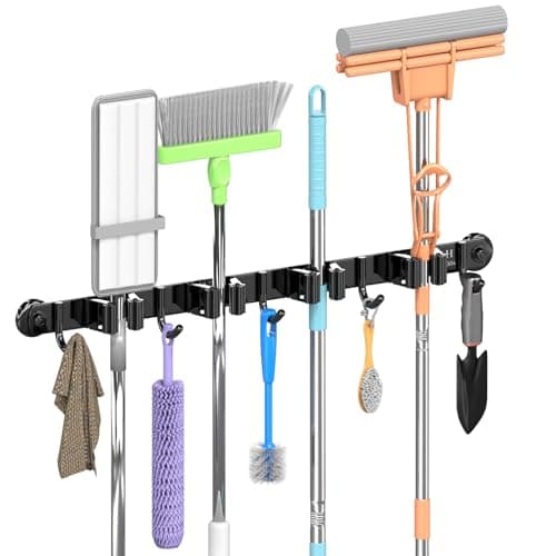 3-H Magnetic Broom Holder Wall Mount 1 Pack, 2-in-1 Dual Mount (No Drill or Screw Fix), 304 Stainless Steel Heavy Duty Magnet Mop Broom Organizer for Kitchen Garden Garage(4 Racks & 5 Hooks,Black) - Image 1