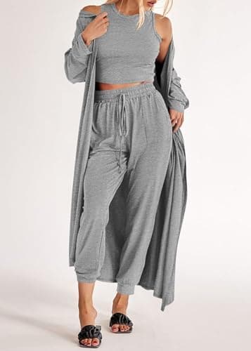 KIRUNDO 3 Piece Lounge Sets for Women Airport Travel Vacation Outfits Spring Cardigan Matching Sleeveless Top Jogger Pants(Light Grey, Medium) - Thumbnail 3