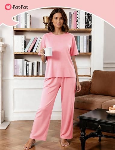 PATPAT Lounge Sets for Women Short Sleeve Pajama Set Soft Comfy Elastic Pjs 2 Piece Loungewear Outfits with Pockets Coral, XXL - Thumbnail 6
