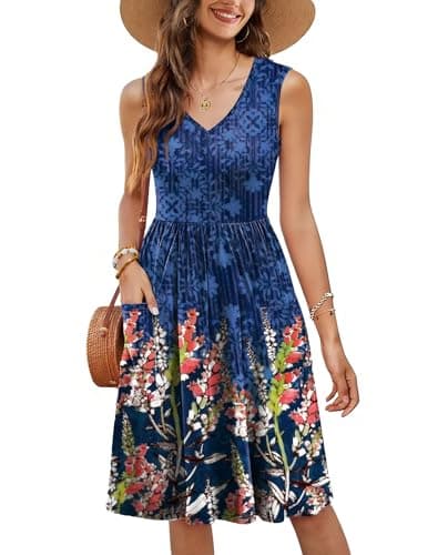 RUMIA V Neck Summer Casual Dresses for Women- Womens Sleeveless Tank Sundress with Pockets Vacation - Image 1