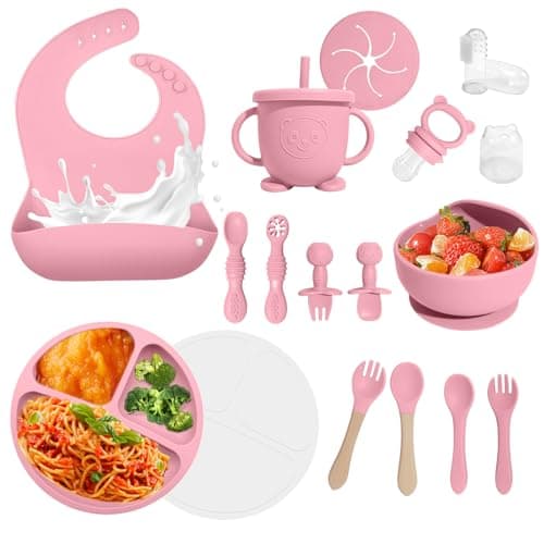 Baby Led Weaning Supplies, 17 Piece BPA-Free Silicone Feeding Set, Eating Essentials Baby Utensils with Suction Plate and Bowl, Pocket Bib, Sippy Cup with Lid, for 6+ Months, Pink - Image 1