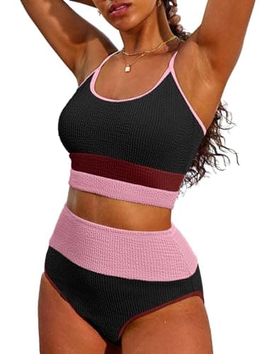 Herseas Womens Two Piece Bikini Color Block Scrunch Ribebd High Waisted Swimsuit Bathing Suits for Teen Girls 2026 Summer Black Colorblock Small - Image 1
