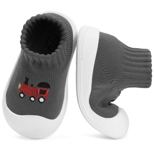 STQ Wide Toe Box Baby Sock Shoes Baby First Walking Shoes Infant Non-Slip Breathable Slippers with Soft Sole Toddler Boys Girls Slip On Barefoot Sneakers Grey Train 6-9 Months - Image 1