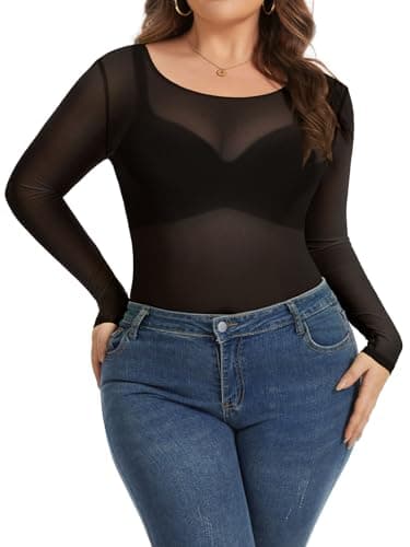 Women's Mesh Tops Sheer Plus Size See Through Long Sleeve Shirts Bodycon Crew Neck Blouse（Black,4XL - Image 1