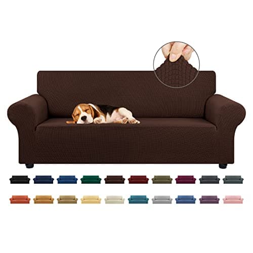 KEKUOU Stretch Sofa Cover Slipcover ，Couch Covers for 3 Cushion Couch Sofa pet Friendly (78"-94") Furniture Protector Sofa with Elastic Bottom for Kids,Dog, Jacquard Small Checked(Large,Chocolate) - Image 1