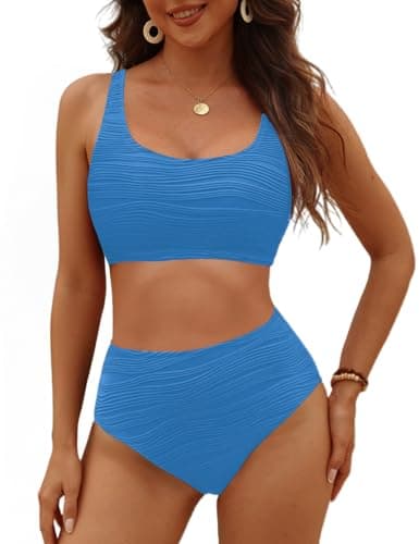 VIMPUNEC High Waisted Bikini Sets for Women Two Piece Tummy Control Swimsuits Sporty High Cut Bathing Suit Royal Blue S - Image 1