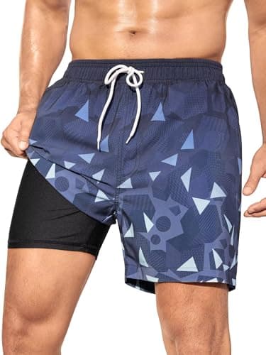 SILKWORLD Mens Swim Trunks with Compression Liner 2 in 1 Swimming Trunks Quick Dry Swim Shorts Bathing Suit Zipper Pockets, Gradient-Navy Blue, XX-Large - Image 1