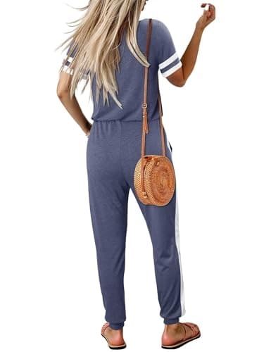 Magritta Women's Navy Blue Tracksuit Set Elegant V Neck Short Sleeve Tops & Drawstring Waist Joggers 2026 Lightweight Loose Casual LoungeWear M - Thumbnail 4