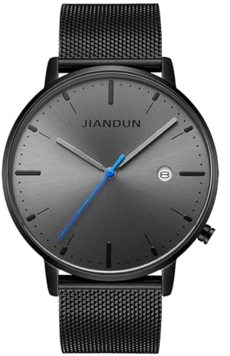 JIANDUN Mens Ultra-Thin Minimalist Wrist Watches for Men Dress Stainless Steel Mesh Band Waterproof(Black-Black Face Blue Second) - Image 1