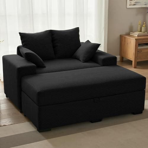 Indoor Chaise Lounge Chair with Storage Ottoman, Modern 60-Inch Lounge Sofa Chair with Wide Armrests & 4 Pillows, Oversized Comfy Reading Lounger for Living Room, Bedroom（Medium-Rib Corduroy Black） - Image 1