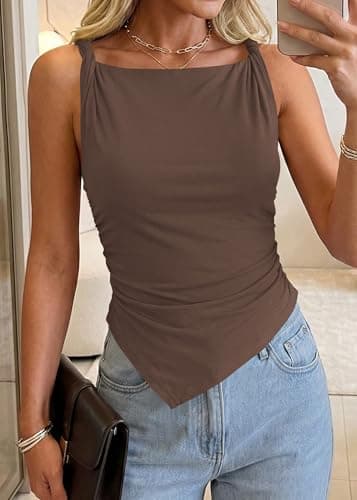 KIRUNDO Asymmetrical Tops for Women Summer Sleeveless Twist Straps Slim Fit Y2K Ruched Tank Shirts Going Out Top Resort Wear(Brown, Small) - Thumbnail 5