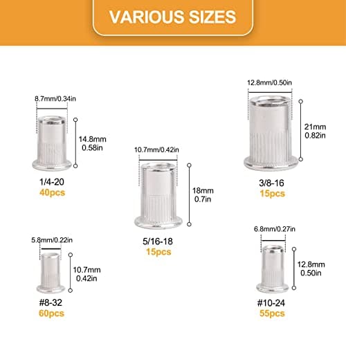 SAE Rivet Nuts Assortment, VIGRUE 185pcs #8-32#10-24 1/4"-20 5/16"-18 3/8"-16 304 Stainless Steel Nutserts Rivnuts Kit, Flat Head Threaded Insert Nut Assort - Thumbnail 6