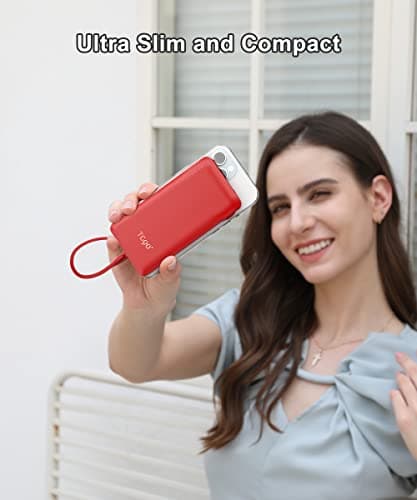 TG90° 10000mAh Slim Portable Charger with Built in Cable,Red - Thumbnail 4