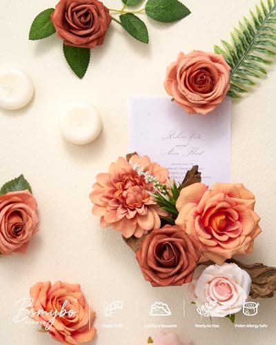 BSMYBO Artificial Flowers Combo Terracotta Flowers Mix Silk Fall Flowers Dahlia Roses with Stems for Wedding Bridal Bouquets, Baby Shower, Floral Arrangement, Table Centerpieces, Home Decorations - Thumbnail 6
