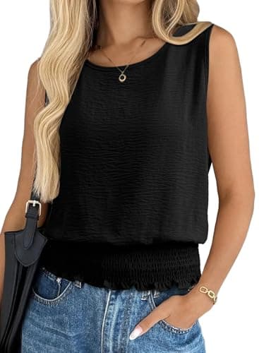 BLENCOT Womens Summer Tank Tops Crew Neck Casual Sleeveless Smocked Blouses Fashion Boho Vest Shirt Black L - Image 1